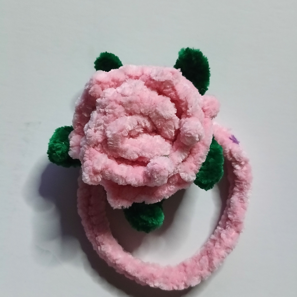 Plush Pink Rose Hair Tie with Green Leaves